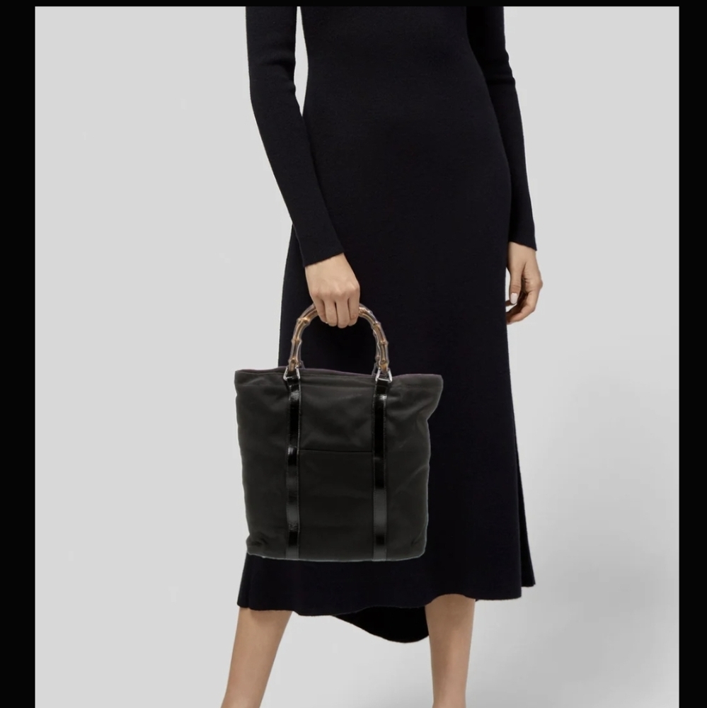 Gucci Vintage Black Nylon Bamboo Tote Bag